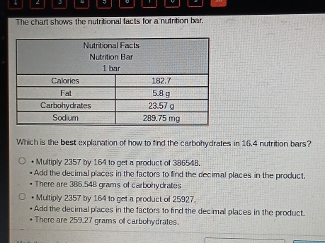 Solved: 4 。 」 The chart shows the nutritional facts for a nutrition bar ...