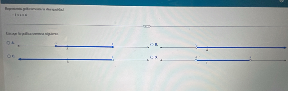 Representa gráficamente la desigualdad.
-1
Escoge la gráfica correcta siguiente.