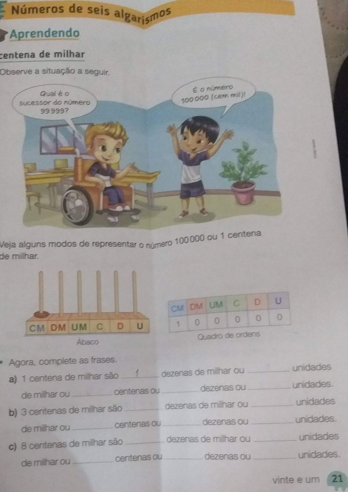 Números de seis algarismos 
*Aprendendo 
centena de milhar 
Observe a situação a seguir, 
Veja alguns modos de representar o número 100000 ou 1 centena
de milhar. 
Agora, complete as frases. 
a) 1 centena de milhar são _dezenas de milhar ou _unidades 
de milhar ou_ centenas ou_ dezenas ou_ unidades. 
b) 3 centenas de milhar são _dezenas de milhar ou_ 
unidades 
dezenas ou 
de milhar ou _centenas ou __unidades. 
c) 8 centenas de milhar são_ 
dezenas de milhar ou _unidades 
de milhar ou _centenas ou_ 
dezenas ou_ unidades. 
vinte e um 21