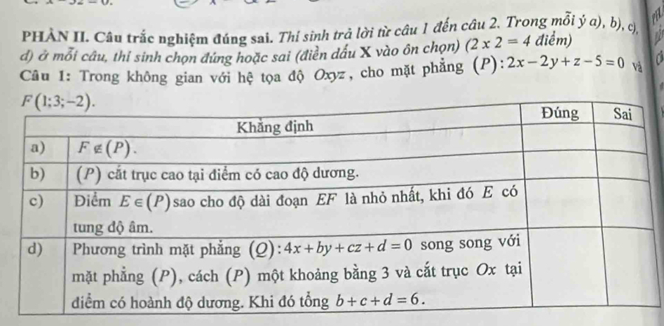 a
PHÀN II. Câu trắc nghiệm đúng sai. Thí sinh trả lời từ câu 1 đến câu 2. Trong mỗi ý a), b), c),
d) ở mỗi câu, thỉ sinh chọn đứng hoặc sai (điền dấu X vào ôn chọn) (2* 2=4 điểm)
Câu 1: Trong không gian với hệ tọa độ Oxyz, cho mặt phẳng (P): 2x-2y+z-5=0 và