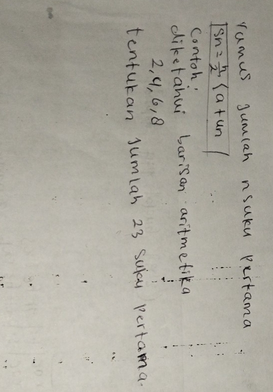 ramus sumlah nsuky pertama
|S_n= n/2 
Contoh, 
diketahui barisan aritmetika
2, 9, 6, 8
tenturan jumiah 23 subay pertama.