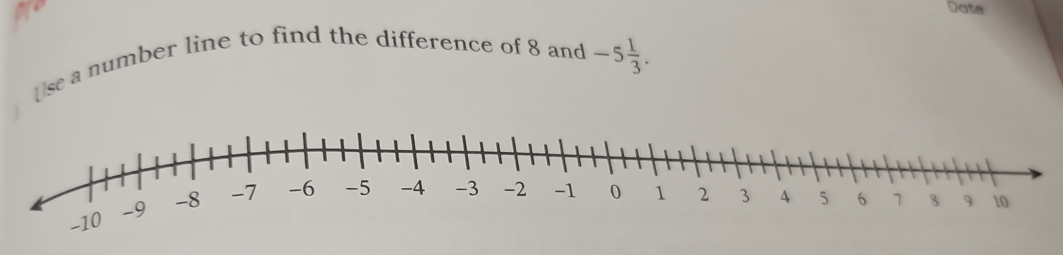 are Date 
Use a number line to find the difference of 8 and -5 1/3 .