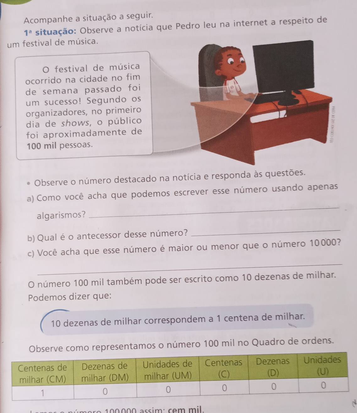 Acompanhe a situação a seguir. 
1^a situação: Observe a notícia que Pedro leu na internet a respeito de 
um festival de música. 
O festival de música 
ocorrido na cidade no fim 
de semana passado foi 
um sucesso! Segundo os 
organizadores, no primeiro 
dia de shows, o público 
foi aproximadamente de
100 mil pessoas. 
Observe o número destacado na notícia e responda às questões. 
a) Como você acha que podemos escrever esse número usando apenas 
algarismos? 
_ 
b) Qual é o antecessor desse número? 
_ 
c) Você acha que esse número é maior ou menor que o número 10000? 
_ 
O número 100 mil também pode ser escrito como 10 dezenas de milhar. 
Podemos dizer que:
10 dezenas de milhar correspondem a 1 centena de milhar. 
Observe como representamos o número 100 mil no Quadro de ordens.