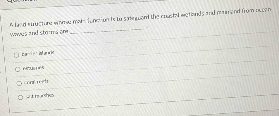 A land structure whose main function is to safeguard the coastal wetlands and mainland from ocean
waves and storms are _.
barrier islands
estuaries
coral reefs
salt marshes