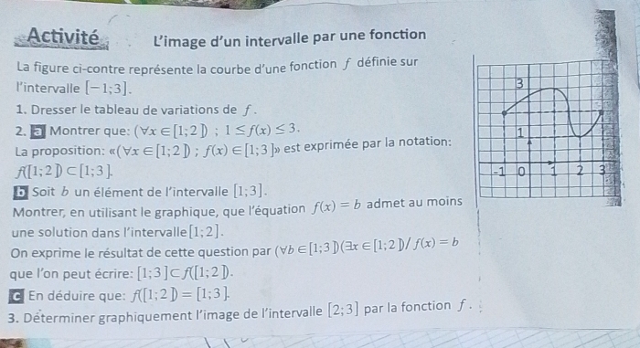 Activité L’image d’un intervalle par une fonction 
La figure ci-contre représente la courbe d’une fonction f définie sur 
l'intervalle [-1;3]. 
1. Dresser le tableau de variations de ƒ. 
2. Montrer que: (forall x∈ [1;2]); 1≤ f(x)≤ 3. 
La proposition: π (forall x∈ [1;2]); f(x)∈ [1;3] est exprimée par la notation:
f([1;2])⊂ [1;3]. 
b. Soit b un élément de l'intervalle [1;3]. 
Montrer, en utilisant le graphique, que l'équation f(x)=b admet au moins 
une solution dans l’intervalle [1;2]. 
On exprime le résultat de cette question par (forall b∈ [1;3])(exists x∈ [1;2])/f(x)=b
que l'on peut écrire: [1;3]⊂ f([1;2]). 
En déduire que: f([1;2])=[1;3]. 
3. Déterminer graphiquement l'image de l'intervalle [2;3] par la fonction f.