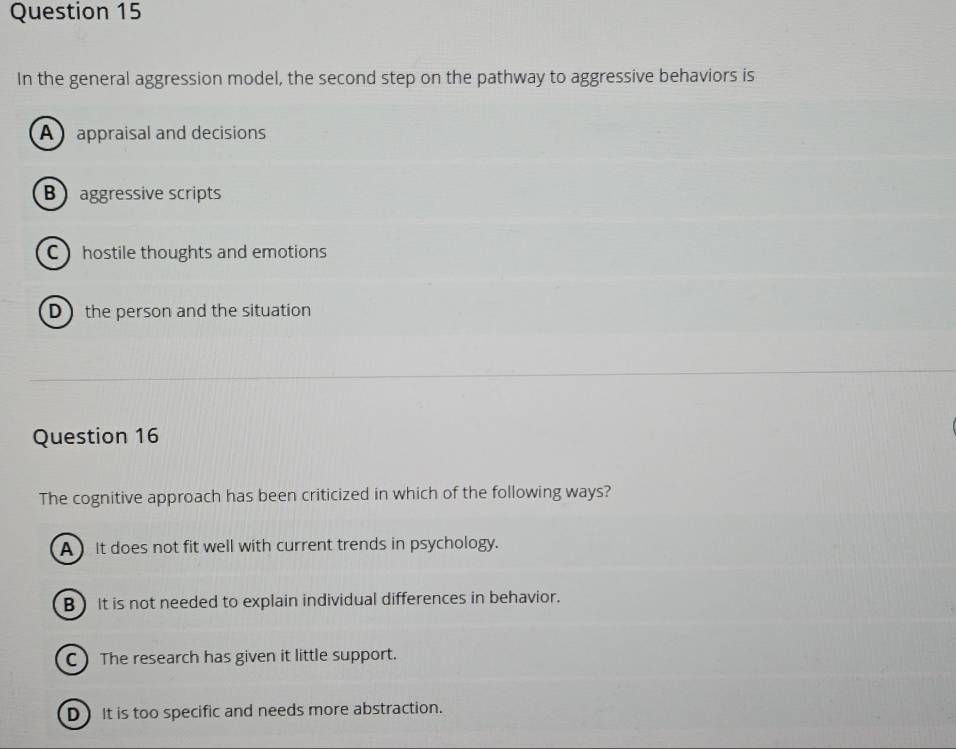 Solved: In the general aggression model, the second step on the pathway ...
