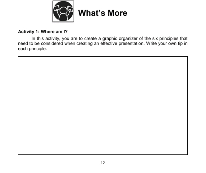 What's More 
Activity 1: Where am I? 
In this activity, you are to create a graphic organizer of the six principles that 
need to be considered when creating an effective presentation. Write your own tip in