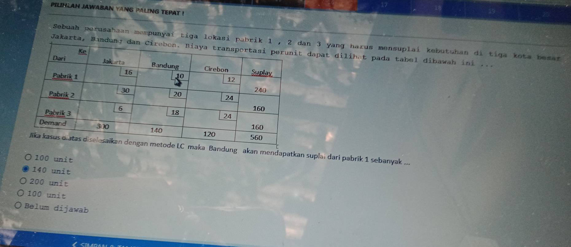 PILIHLAH JAWABAN YANG PALING TEPAT !
Sebuah perusahaan mempunyai tiga lokasi pabrik 1 ,dan 3 yang harus mensuplai kebutuhan di tiga kota besar
Jakarta, Bandung t dapat dilihat pada tabel díbawah ini ...
ndung akan mendapatkan suplai dari pabrik 1 sebanyak ...
100 unit
140 unit
200 unit
100 unit
Belum dijawab