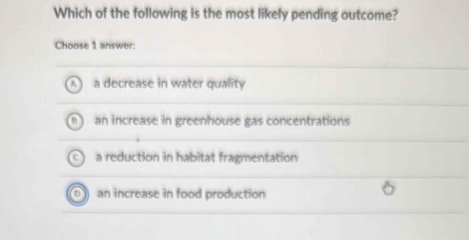 Which of the following is the most likely pending outcome?
Choose 1 answer:
a decrease in water quality
an increase in greenhouse gas concentrations
a reduction in habitat fragmentation
an increase in food production