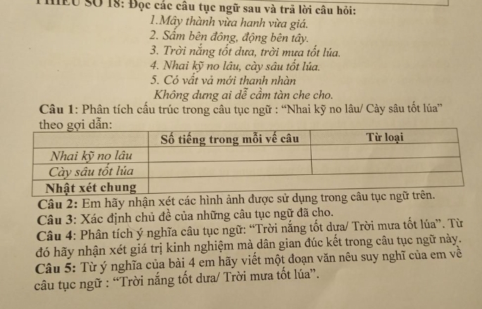 HEU Sở 18: Đọc các câu tục ngữ sau và trã lời câu hỏi: 
1.Mây thành vừa hanh vừa giá. 
2. Sẩm bên đông, động bên tây. 
3. Trời nắng tốt dưa, trời mưa tốt lúa. 
4. Nhai kỹ no lâu, cày sâu tốt lúa. 
5. Có vất vả mới thanh nhàn 
Không dưng ai dễ cầm tàn che cho. 
Câu 1: Phân tích cầu trúc trong câu tục ngữ : “Nhai kỹ no lâu/ Cày sâu tốt lúa” 
Câu 2: Em hãy nhận xét các hình ảnh được sử dụng tro 
Câu 3: Xác định chủ đề của những câu tục ngữ đã cho. 
Câu 4: Phân tích ý nghĩa câu tục ngữ: “Trời nắng tốt dựa/ Trời mưa tốt lúa”. Từ 
đó hãy nhận xét giá trị kinh nghiệm mà dân gian đúc kết trong câu tục ngữ này. 
Câu 5: Từ ý nghĩa của bài 4 em hãy viết một đoạn văn nêu suy nghĩ của em về 
câu tục ngữ : “Trời nắng tốt dưa/ Trời mưa tốt lúa”.