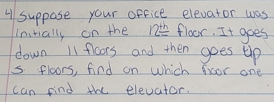 suppose your office elevator was 
initially on the 12^(th)= floor, It goes 
down 11 floors and then goes up 
s floors, find on which froor one 
can find the elevator.