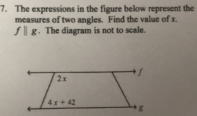 The expressions in the figure below represent the
measures of two angles. Find the value of x.
fparallel g. The diagram is not to scale.