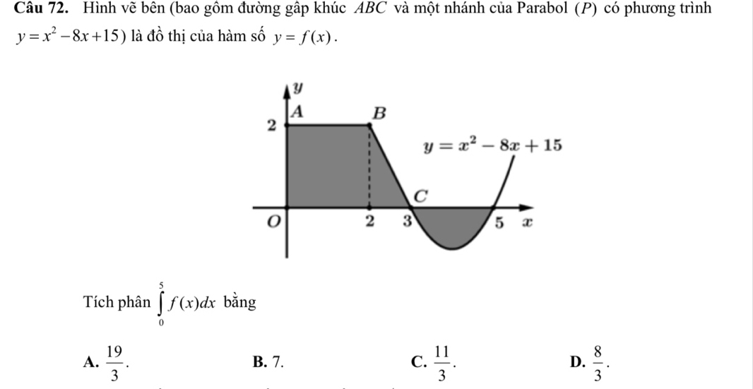 Hình vẽ bên (bao gồm đường gập khúc ABC và một nhánh của Parabol (P) có phương trình
y=x^2-8x+15) là đồ thị của hàm số y=f(x).
Tích phân ∈tlimits _0^(5f(x)dx bằng
A. frac 19)3. B. 7. C.  11/3 . D.  8/3 .