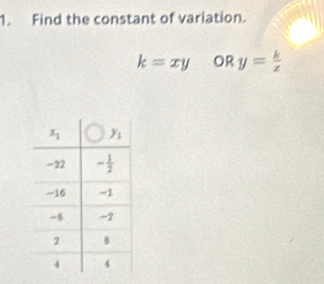 Find the constant of variation.
k=xy OR y= k/x 