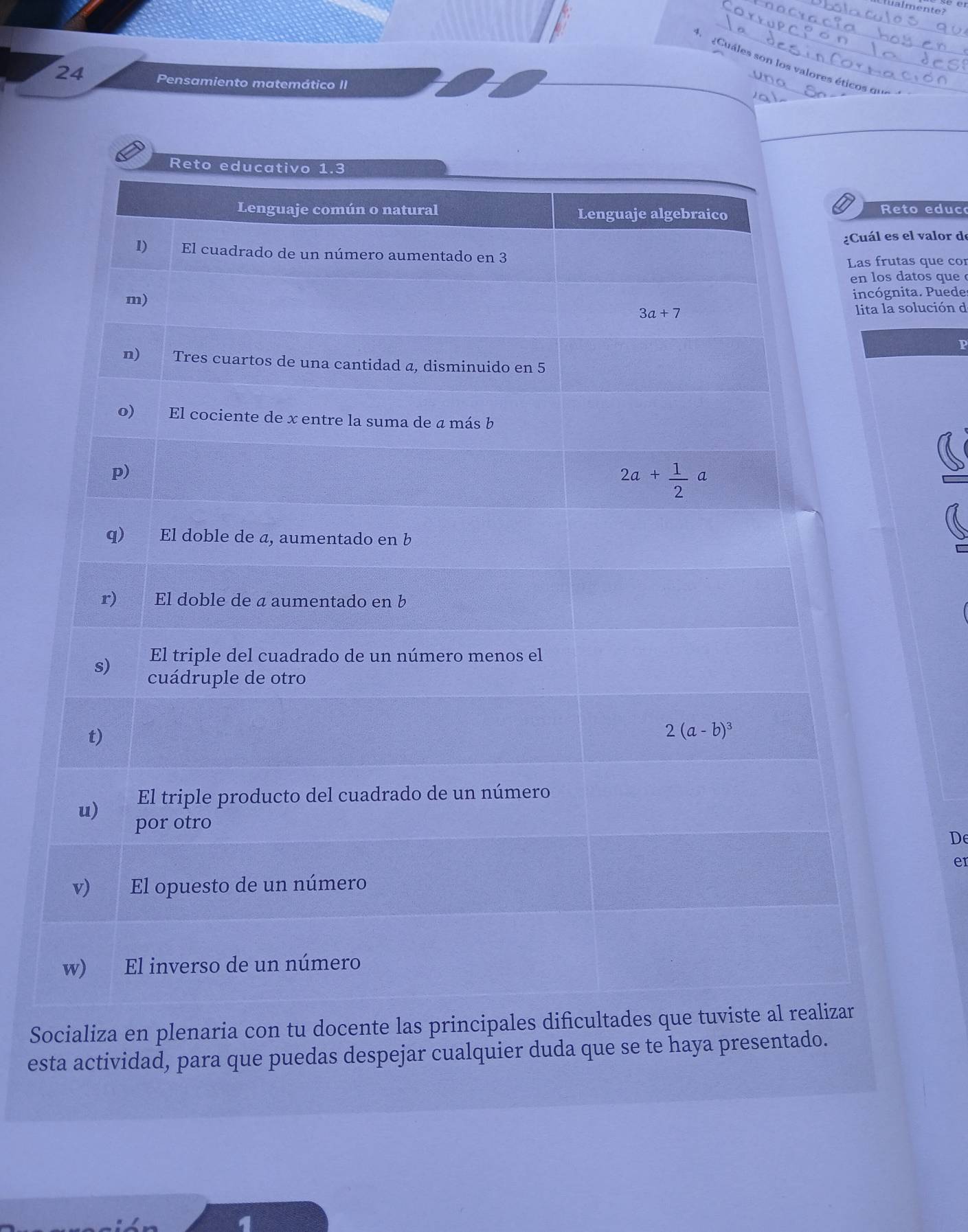 Walmente?
_
4 Cuáles son los valores étice
24 Pensamiento matemático II
o educ
valor de
que cor
tos que 
a. Puedes
lución d
P
De
er
Socializa en plenaria con tu docente las princi
esta actividad, para que puedas despejar cualquier duda que se te haya presentado.