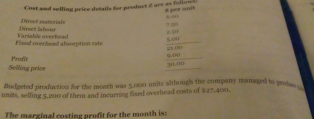 Cost and selling price details for product Z are as follows:
$ per unit
6.00
Direct materials
7.50
Direct labour 
Variable overhead 
Fixed overhead absorption rate 
Profit 
Selling price 
beginarrayr 2.50 550 00.00endarray 21.00 30,000endarray
Budgeted production for the month was 5,000 units although the company managed to produc 5
units, selling 5,200 of them and incurring fixed overhead costs of $27,400. 
The marginal costing profit for the month is: