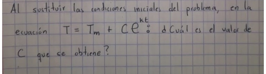 Al sistitoir las condiciones incciales del problema, en la 
ecuacion T=T_m+Ce^(kt) : 8 d(vàl es el valor de 
C gve se obtiene?