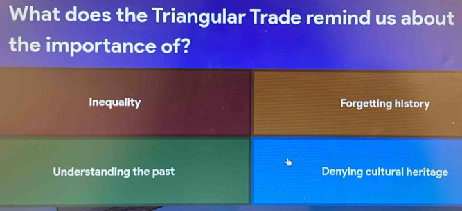 What does the Triangular Trade remind us about
the importance of?
Inequality Forgetting history
Understanding the past Denying cultural heritage