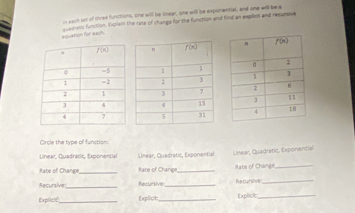 in each set of three functions, one will be linear, one will be exponential, and one will be a
equation for each. quadratic function. Explain the rate of change for the function and find an explicit and recursive
 
Circle the type of function:
Linear, Quadratic, Exponential Linear, Quadratic, Exponential Linear, Quadratic, Exponential
Rate of Change_ Rate of Change_ Rate of Change_
Recursive_ Recursive:_ Recursive:_
Explicit:_ Explicit:_ Explicit:_