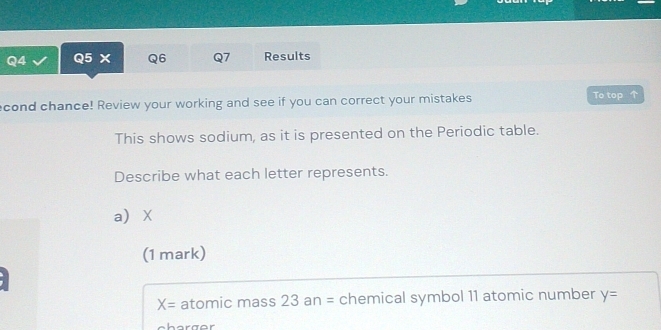 Results 
cond chance! Review your working and see if you can correct your mistakes To top 
This shows sodium, as it is presented on the Periodic table. 
Describe what each letter represents. 
a X
(1 mark)
X= atomic mass 23 an= chemical symbol 11 atomic number y=