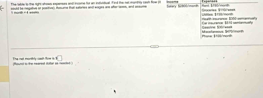 The table to the right shows expenses and income for an individual. Find the net monthly cash flow (it Income Expenses 
could be negative or positive). Assume that salaries and wages are after taxes, and assume Salary: $2800/month Rent: $780/month
1 month = 4 weeks Groceries: $110/week
Utilities: $150/month
Health insurance: $350 semiannually 
Car insurance: $510 semiannually 
Gasoline: $30/week
Miscellaneous: $470/month
Phone: $100/month
The net monthly cash flow is $□
(Round to the nearest dollar as needed.)