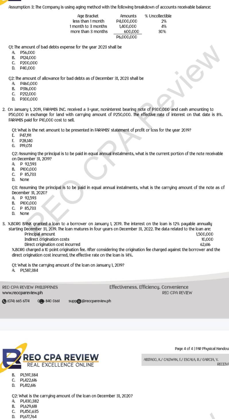 Assumption 3: The Company is using aging method with the following breakdown of accounts receivable balance:
Age Bracket Amounts % Uncollectible
less than 1 month P4,000,000 2%
1 month to 3 months 1,400,000 4%
more than 3 months 600,000 30%
P6.000.000
Q1: The amount of bad debts expense for the year 2023 shall be
A. P56,000
B. P124,000
C. P200,000
D. P40,000
Q2: The amount of allowance for bad debts as of December 31, 2023 shall be
A. P460,000
B. P316,000
C. P212,000
D. P300,000
2. On January 1, 2019, FARAMIS INC. received a 3-year, noninterest bearing note of P300,000 and cash amounting to
P50,000 in exchange for land with carrying amount of P250,000. The effective rate of interest on that date is 8%.
FARAMIS paid for P10,000 cost to sell.
Q1: What is the net amount to be presented in FARAMIS' statement of profit or loss for the year 2019?
E. P47,191
F. P28,140
G. P19,051
Q2: Assuming the principal is to be paid in equal annual instalments, what is the current portion of the note receivable
on December 31, 2019?
A. P 92,593
B. P100,000
C. P 85,733
D. None
Q3: Assuming the principal is to be paid in equal annual instalments, what is the carrying amount of the note as of
December 31, 2020?
A. P 92,593
B. P100,000
C. P 85,733
D. None
3. X.BORG BANK granted a loan to a borrower on January 1, 2019. The interest on the loan is 12% payable annually
starting December 31, 2019. The loan matures in four years on December 31, 2022. The data related to the loan are:
Principal amount 1,500,000
Indirect origination costs 10,000
Direct origination cost incurred 62,616
X.BORG charged a 10 point origination fee. After considering the origination fee charged against the borrower and the
direct origination cost incurred, the effective rate on the loan is 14%.
Q1: What is the carrying amount of the loan on January 1, 2019?
A. P1,587,384
REO CPA REVIEW PHILIPPINES Effectiveness. Efficiency. Convenience
www.reocpareview.ph REO CPA REVIEW
(074) 665 6774 6 840 0661 support@reocpareview.ph
Page 4 of 4 | FAR Physical Handou
/ REO CPA REVIEW ABITAGO, K./ CALIWAN, F./ ESCALA, R./ GARCIA, V.
REAL EXCELLENCE ONLINE
RECEIVA
B. P1,597,384
C. P1,422,616
D. P1,412,616
Q2: What is the carrying amount of the loan on December 31, 2020?
A. P1,430,382
B. P1,629,618
C. P1,450,635
D. P1,677,764