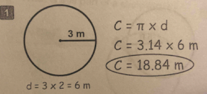 1
C=π * d
C=3.14* 6m
C=18.84m
d=3* 2=6m