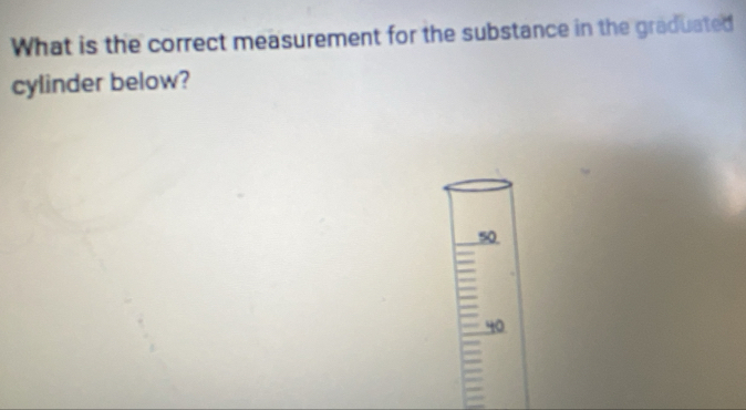 What is the correct measurement for the substance in the graduated 
cylinder below?
50
40