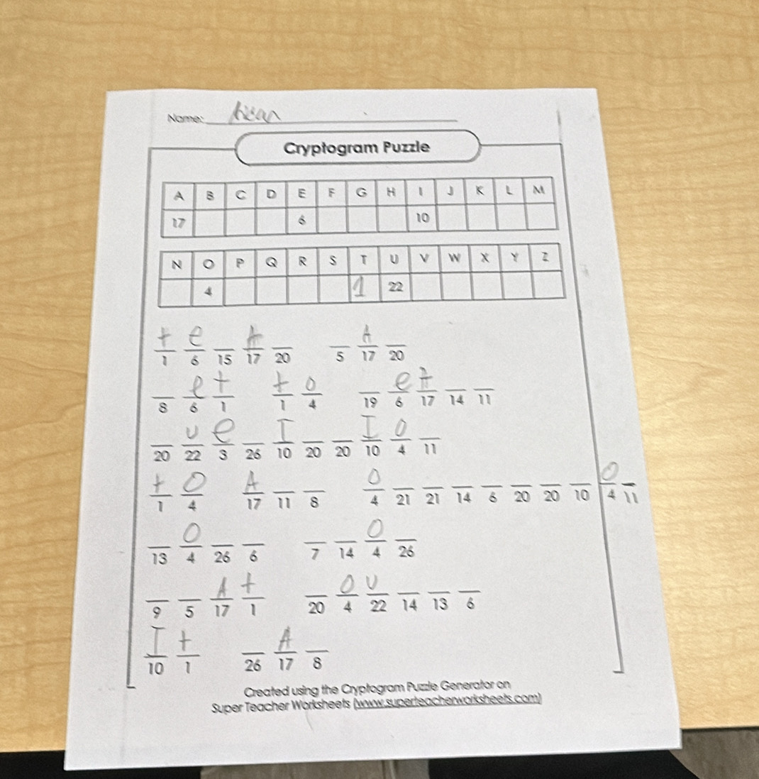 Name:_ 
Cryptogram Puzzle
 5/6  overline 15 _ 17 _ 20 frac 5 a overline 20 _
frac 8
 (+)/1  overline 19 _ 6! overline 14 _ _ 1
3 _ 26 _ 10 _ 20 _ 20 frac 10 _ overline 11
 f/1  frac 4  A/17  _ 
__ 
_ 8 _ frac 4 _ overline 21 _ 1 _ 14 _ 6 _ 20 20 10 4
1 f _ 26 _ 6 _ overline 7 _ 14 _ frac 4 _ overline 26
frac 9frac 5  A/17   (+)/1  _ overline 20 4 _ __ 14 _ 13 _ 6
x
_
 1/10  1 _ 26 _ 17 8 
Created using the Cryptogram Puzzle Generator on 
Super Teacher Worksheets (www.superteacherworksheets.com)