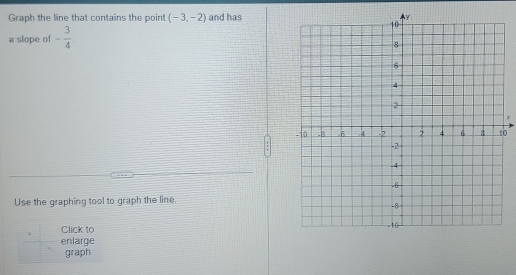 Graph the line that contains the point (-3,-2) and has
a slope of - 3/4 
x
0
Use the graphing tool to graph the line.
Click to 
enlarge
graph