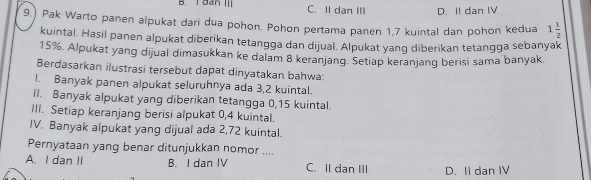 B. Iđân III C. II dan III
D. II dan IV
9.) Pak Warto panen alpukat dari dua pohon. Pohon pertama panen 1, 7 kuintal dan pohon kedua 1 1/2 
kuintal. Hasil panen alpukat diberikan tetangga dan dijual. Alpukat yang diberikan tetangga sebanyak
15%. Alpukat yang dijual dimasukkan ke dalam 8 keranjang. Setiap keranjang berisi sama banyak.
Berdasarkan ilustrasi tersebut dapat dinyatakan bahwa:
1. Banyak panen alpukat seluruhnya ada 3, 2 kuintal.
II. Banyak alpukat yang diberikan tetangga 0,15 kuintal.
III. Setiap keranjang berisi alpukat 0, 4 kuintal.
IV. Banyak alpukat yang dijual ada 2,72 kuintal.
Pernyataan yang benar ditunjukkan nomor ....
A. I dan II B. I dan IV C. II dan III
D. II dan IV