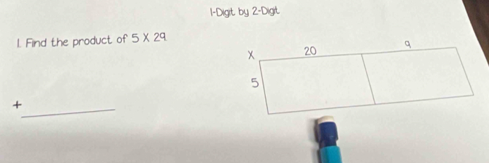 1 -Digit by 2 -Digit 
1. Find the product of 5* 29
_ 
+