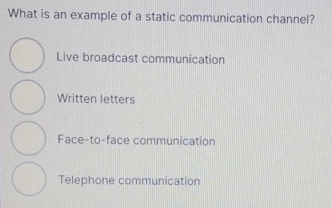 Solved: What is an example of a static communication channel? Live ...