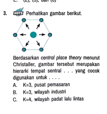 (2),(0) , dan (6)
3. CO Perhatikan gambar berikut.
Berdasarkan central place theory menurut
Christaller, gambar tersebut merupakan
hierarki tempat sentral _、· yang cocok
digunakan untuk . . . .
A. K=3 , pusat pemasaran
B. K=3 , wilayah industri
C. K=4 , wilayah padat lalu lintas