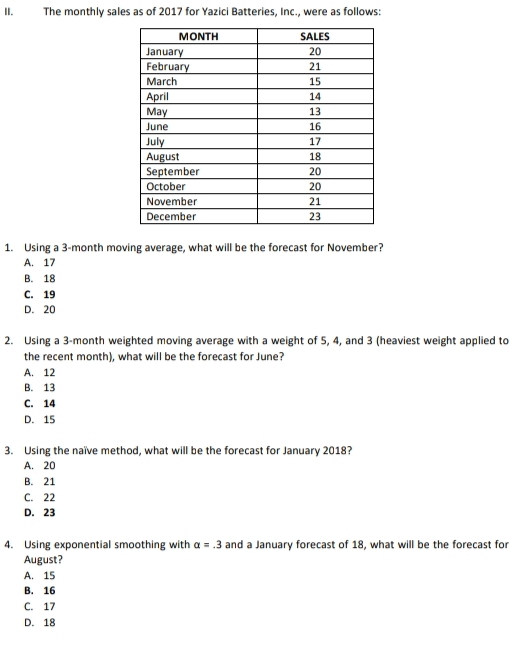 The monthly sales as of 2017 for Yazici Batteries, Inc., were as follows:
1. Using a 3-month moving average, what will be the forecast for November?
A. 17
B. 18
C. 19
D. 20
2. Using a 3-month weighted moving average with a weight of 5, 4, and 3 (heaviest weight applied to
the recent month), what will be the forecast for June?
A. 12
B. 13
C. 14
D. 15
3. Using the naïve method, what will be the forecast for January 2018?
A. 20
B. 21
C. 22
D. 23
4. Using exponential smoothing with alpha =.3 and a January forecast of 18, what will be the forecast for
August?
A. 15
B. 16
C. 17
D. 18