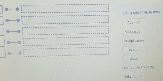 DRAG & DROP THE ANSWER
Addition
Subtraction
Multiplication
Division
Given
Distributive Property
Substitution