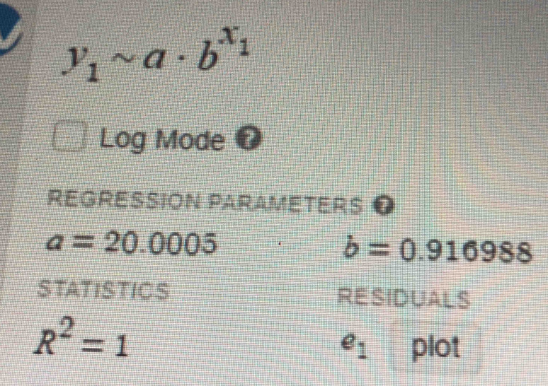 y_1sim a· b^(x_1)
Log Mode 0 
RegressiON Parameters ❶
a=20.0005
b=0.916988
STATISTICS RESIDUALS
R^2=1
e_1 plot