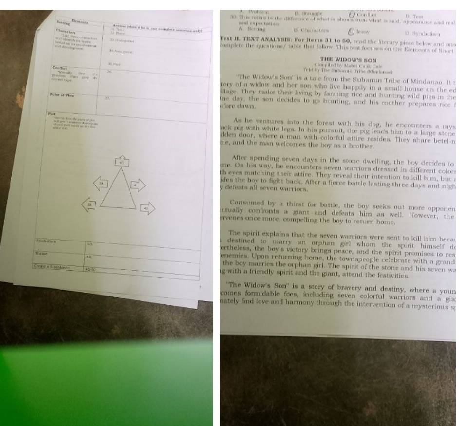 Probdém B. Stuade Condlus D Teas
30. This refers to the difference of what is shown from what is said, appeararce and rea
Butting
and epectation
Anowee jehealó de sa une cogôete sontense seis A. Bctang B. Characters Unny D. Symboliar
Chanacters
L  Jary chn 33 Perootoe Test IL TEXT ANALYBIS: For items 31 to 50, read the literary piece below and ans
=od alenily is _= 
complere the questions/ table that follow. This test focuses on the Elements of finort
B
THE WIDOW'S SON
35 Hat
Compiled by Mabel Cruk Col
Tell by The Subarne Tribe (Mindanse)
Con   
pa he  u ya 
''The Widow's Son'' is a tale from the Subanun Tribe of Mindanao. It r
tory of a widow and her son who live happily in a small house on the ed
illage. They make their living by farming rice and bunting wild pigs in the
Ppint of View 11 One day, the son decides to go hunting, and his mother prepares rice
efore dawn.
Tsortin to w the pais ot yko .
As he ventures into the forest with his dog, he encounters a mys
=      ack pig with white legs. In his pursuit, the pig lead's him to a large stone
dden door, where a man with colorful attire resides. They share betel-n
me, and the man welcomes the boy as a brother.
After spending seven days in the stone dwelling, the boy decides to
4 me. On his way, he encounters seven warriors dressed in different color
th eyes matching their attire. They reveal their intention to kill him, but i
ides the boy to fight back. After a fierce battle lasting three days and nigh
41 y defeats all seven warriors.
Consumed by a thirst for battle, the boy seeks out more opponen
47 ntually confronts a giant and defeats him as well. However, the
ervenes once more, compelling the boy to return home.
The spirit explains that the seven warriors were sent to kill him beca
destined to marry an orphan girl whom the spirit himself do
ertheless, the boy's victory brings peace, and the spirit promises to res
These enemies. Upon returning home, the townspeople celebrate with a grand
the boy marries the orphan girl. The spirit of the stone and his seven wa
Crease a % sentones 45-50 g with a friendly spirit and the giant, attend the festivities.
1 "The Widow's Son' is a story of bravery and destiny, where a youn
comes formidable foes, including seven colorful warriors and a gia
nately find love and harmony through the intervention of a mysterious s