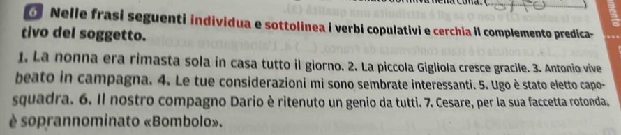 ) 
Nelle frasi seguenti individua e sottolinea i verbi copulativi e cerchia il complemento predica- 
tivo del soggetto. 
1. La nonna era rimasta sola in casa tutto il giorno. 2. La piccola Gigliola cresce gracile. 3. Antonio vive 
beato in campagna. 4. Le tue considerazioni mi sono sembrate interessanti. 5. Ugo è stato eletto capo- 
squadra. 6. Il nostro compagno Dario è ritenuto un genio da tutti. 7. Cesare, per la sua faccetta rotonda, 
è soprannominato «Bombolo».