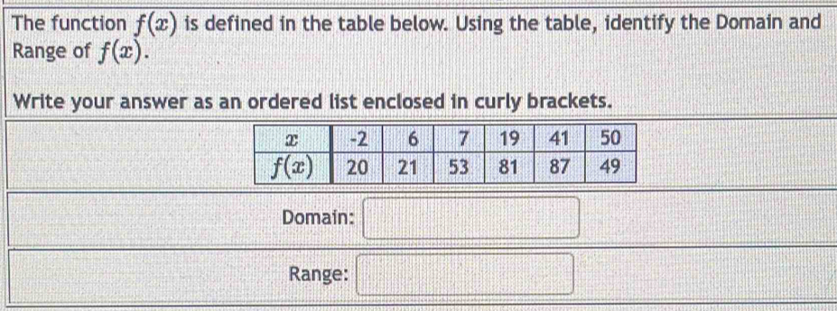 The function f(x) is defined in the table below. Using the table, identify the Domain and
Range of f(x).
Write your answer as an ordered list enclosed in curly brackets.
Domain:
Range: x=□°