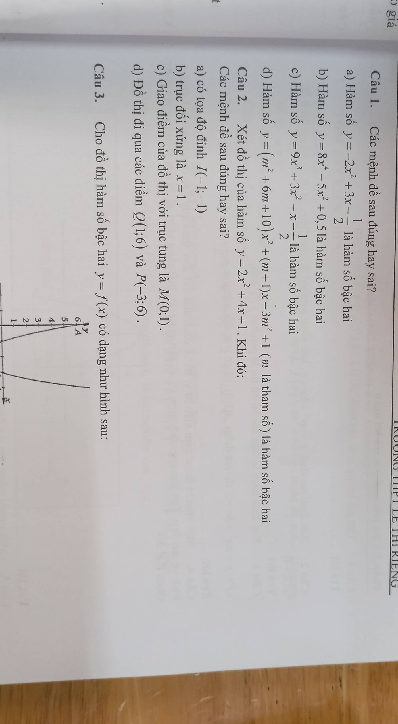 giá
NG THPT LE THI RIENG
Câu 1. Các mệnh đề sau đúng hay sai?
a) Hàm số y=-2x^2+3x- 1/2  là hàm số bậc hai
b) Hàm số y=8x^4-5x^2+0 , 5 là hàm số bậc hai
c) Hàm số y=9x^3+3x^2-x- 1/2  là hàm số bậc hai
d) Hàm số y=(m^2+6m+10)x^2+(m+1)x-3m^2+1 ( m là tham số ) là hàm số bậc hai
Câu 2. Xét đồ thị của hàm số y=2x^2+4x+1. Khi đó:
Các mệnh đề sau đúng hay sai?
a) có tọa độ đinh I(-1;-1)
b) trục đối xứng là x=1. 
c) Giao điểm của đồ thị với trục tung là M(0;1). 
d) Đồ thị đi qua các điểm Q(1;6) và P(-3;6). 
Câu 3. Cho đồ thị hàm số bậc hai y=f(x) có dạng như hình sau:
x