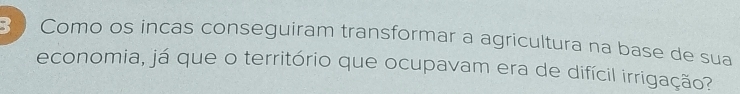 3  Como os incas conseguiram transformar a agricultura na base de sua 
economia, já que o território que ocupavam era de difícil irrigação?