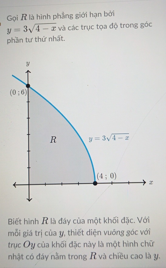 Gọi R là hình phẳng giới hạn bởi
y=3sqrt(4-x) và các trục tọa độ trong góc
phần tư thứ nhất.
Biết hình R là đáy của một khối đặc. Với
mỗi giá trị của y, thiết diện vuông góc với
trục Oy của khối đặc này là một hình chữ
nhật có đáy nằm trong R và chiều cao là y.