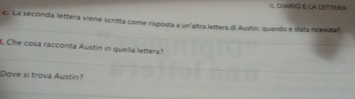 IL DIARIO E LA LETTERA 
« La seconda lettera viene scritta come risposta a un'altra lettera di Austin; quando é stata ricevuta 
. Che cosa racconta Austin in quella lettera? 
Dove si trova Austin?