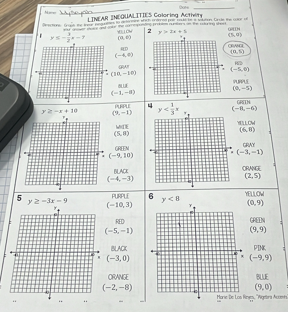 Name
_
Date_
LINEAR INEQUALITIES Coloring Activity
Directions: Graph the linear inequalities to determine which ordered pair could be a solution. Circle the color of
your answer choice and color the corresponding problem numbers on the coloring sheet -
YELLOW 2 y>2x+5 GREEN
| y≤ - 3/2 x-7
(0,0)
(5,0)
ORANGE
RED
(-4,0)
(0,5)
RED
GRAY
(-5,0)
(10,-10)
PURPLE
BLUE
(0,-5)
(-1,-8)
GREEN
PURPLE 4
y≥ -x+10
(9,-1) y
(-8,-6)
YELLOW
WHITE
(5,8)
(6,8) E
GREENGRAY
* (-3,-1)
x(-9,10)
BLACK ORANGE :
(-4,-3)
(2,5)
YELLOW
PURPLE 6 y<8</tex> (0,9)
5 y≥ -3x-9
(-10,3)
REDGREEN :
(-5,-1)
(9,9)
BLACK PINK :
(-3,0)
(-9,9)
ORANGEBLUE
(-2,-8)
(9,0)
eyes, *Algebra Accents