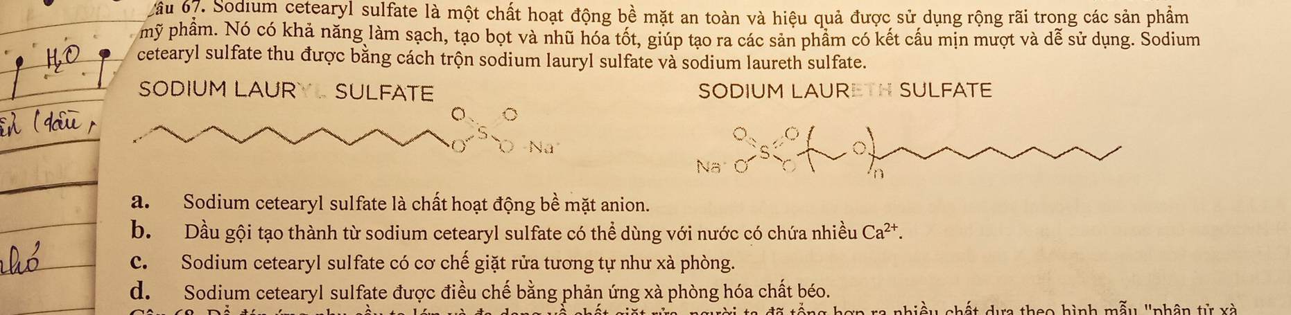 ầu 67. Sodium cetearyl sulfate là một chất hoạt động bề mặt an toàn và hiệu quả được sử dụng rộng rãi trong các sản phầm
hỹ phầm. Nó có khả năng làm sạch, tạo bọt và nhũ hóa tốt, giúp tạo ra các sản phầm có kết cầu mịn mượt và dễ sử dụng. Sodium
cetearyl sulfate thu được bằng cách trộn sodium lauryl sulfate và sodium laureth sulfate.
SODIUM LAURYL SULFATE SODIUM LAURETH SULFATE
Na
Na
a. Sodium cetearyl sulfate là chất hoạt động bề mặt anion.
b. Dầu gội tạo thành từ sodium cetearyl sulfate có thể dùng với nước có chứa nhiều Ca^(2+).
C. Sodium cetearyl sulfate có cơ chế giặt rửa tương tự như xà phòng.
d. Sodium cetearyl sulfate được điều chế bằng phản ứng xà phòng hóa chất béo.
* ự th eo hình mẫu 'phân tử xà