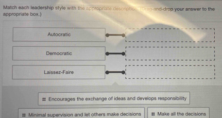 Match each leadership style with the appropriate description. (Draq-and-drop your answer to the
appropriate box.)
Autocratic
Democratic
Laissez-Faire
Encourages the exchange of ideas and develops responsibility
#: Minimal supervision and let others make decisions : Make all the decisions