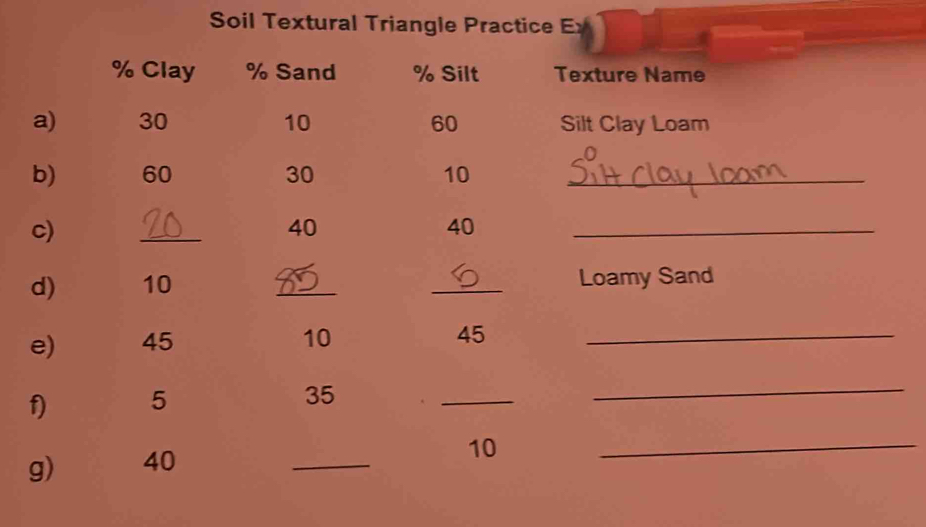 Soil Textural Triangle Practice E 
% Clay % Sand % Silt Texture Name 
a) 30 10 60 Silt Clay Loam 
b) 60 30 10 _ 
c) 
_
40
40
_ 
d) 10 __Loamy Sand 
e) 45 10 _
45
f) 5
35
_ 
_ 
g) 40
_ 
_
10