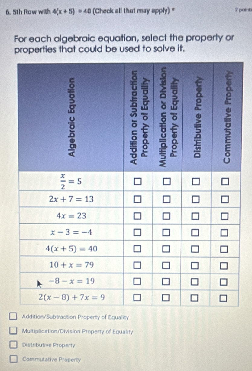 5th Raw with 4(x+5)=40 (Check all that may apply)* 2 poinb
For each algebraic equation, select the property or
properties that could be used to solve it.
Addition/Subtraction Property of Equality
Multiplication/Division Property of Equality
Distributive Property
Commutative Property