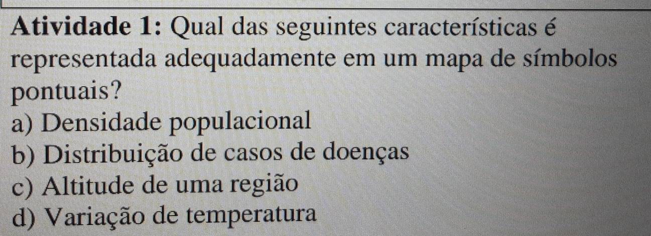 Atividade 1: Qual das seguintes características é
representada adequadamente em um mapa de símbolos
pontuais?
a) Densidade populacional
b) Distribuição de casos de doenças
c) Altitude de uma região
d) Variação de temperatura